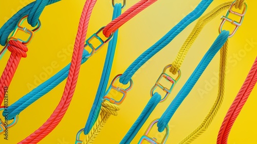 Bungee jumping ropes and harnesses in a geometric pattern 3D style isolated flying objects memphis style 3D render   AI generated illustration photo