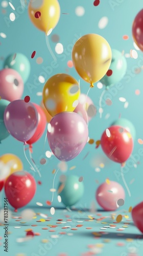 Colorful balloons floating in a 3D scene 3D style isolated flying objects memphis style 3D render AI generated illustration