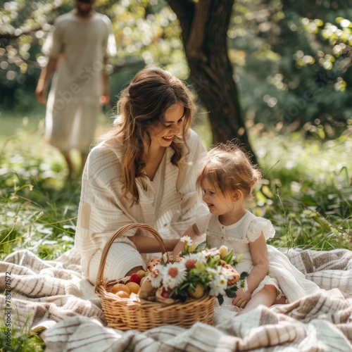 Young mother and little son. Young mother and son on Mother s Day. Family on picnic. A basket of wildflowers. Horizontal banking background for web.