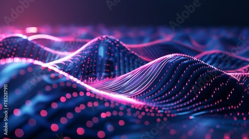 Digital waves moving across a neon-lit space 3D style isolated flying objects memphis style 3D render AI generated illustration
