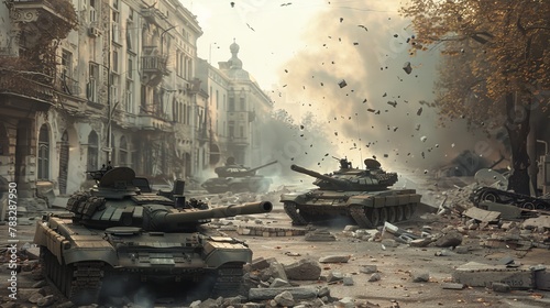 Tanks are positioned in the middle of a severely damaged street, showcasing a scene of war and destruction. photo
