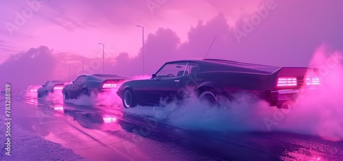 Drifting cars in a vaporwave atmosphere AI generated illustration