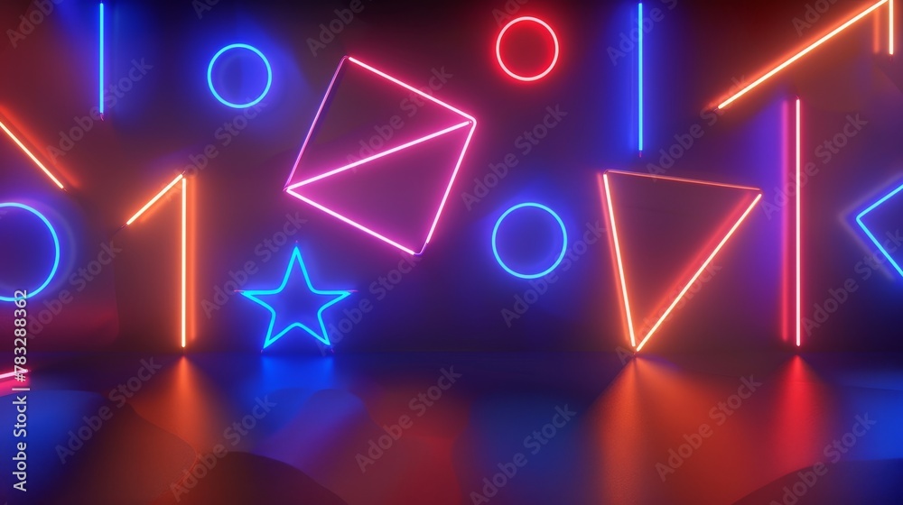 Dynamic 3D shapes illuminated by neon light 3D style isolated flying objects memphis style 3D render   AI generated illustration