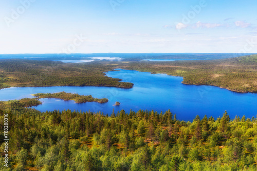 Summer landscapes overlooking the lake Kaskama. Panorama. Kola Peninsula, Arctic Circle, Russia