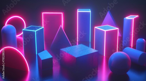 Dynamic 3D shapes illuminated by neon light 3D style isolated flying objects memphis style 3D render AI generated illustration