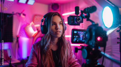Influencer youtube creator or twich streamer recording her own video 