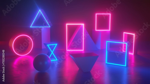 Dynamic 3D shapes illuminated by neon brilliance 3D style isolated flying objects memphis style 3D render AI generated illustration