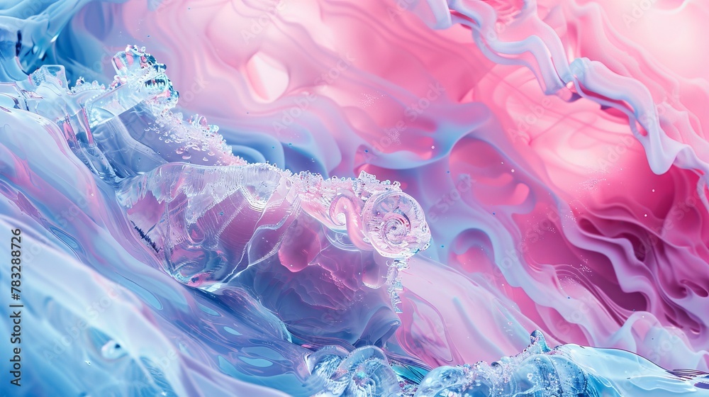 Obraz premium Enigmatic ice sculptures hovering in a world of swirling pink and aqua AI generated illustration