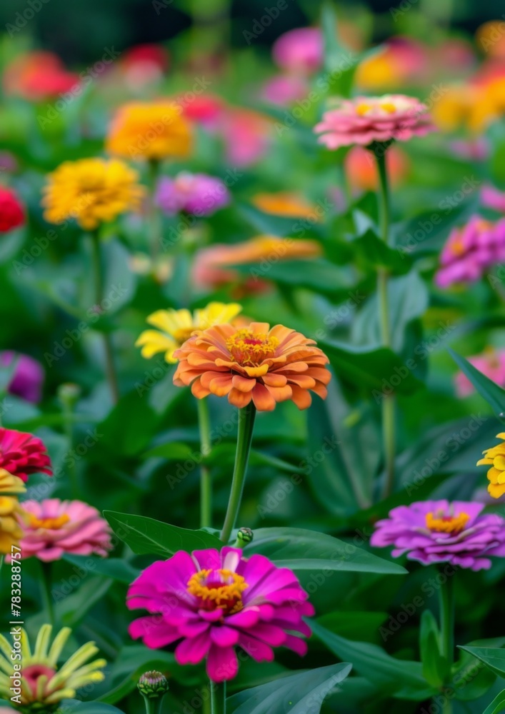  A field of vibrant  zinnias in full bloom, with various colors and shapes of the flowers ,symbolizing life's beauty and  an atmosphere of  celebration