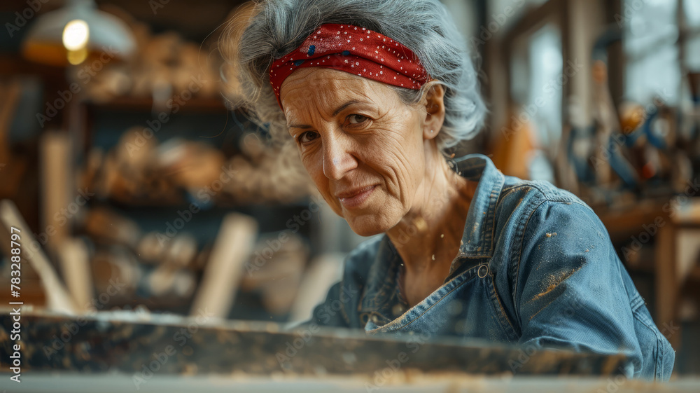 Elderly woman working in a woodshop.