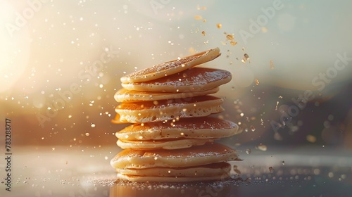 Enhance the texture of a flying stack of pancakes with a touch of cinematic magic AI generated illustration