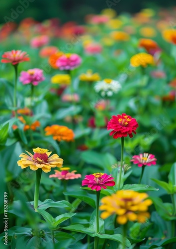  A field of vibrant zinnias in full bloom, with various colors and shapes of the flowers ,symbolizing life's beauty and an atmosphere of celebration