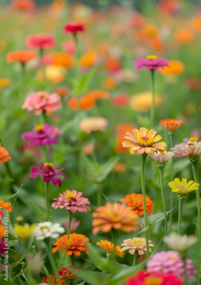  A field of vibrant  zinnias in full bloom, with various colors and shapes of the flowers ,symbolizing life's beauty and  an atmosphere of  celebration