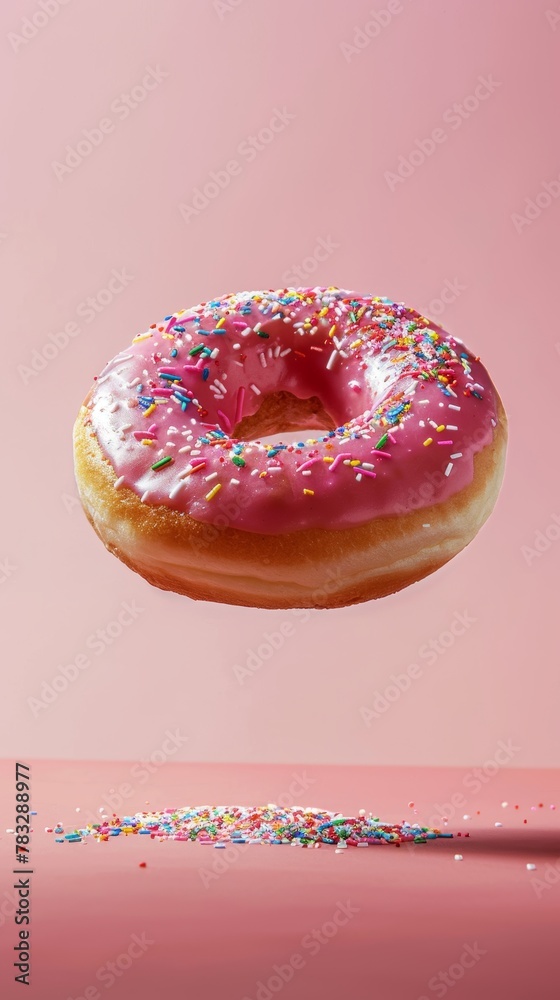Experiment with lighting angles to highlight the shimmering glaze on a flying donut   AI generated illustration