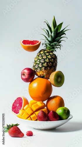 Experiment with high key lighting to capture the vibrancy of a flying tropical fruit platter   AI generated illustration