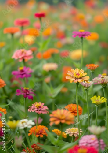  A field of vibrant zinnias in full bloom, with various colors and shapes of the flowers ,symbolizing life's beauty and an atmosphere of celebration © JH