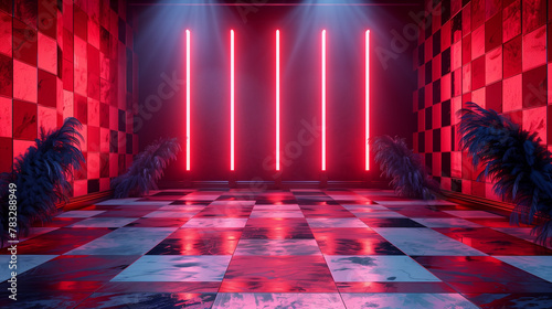 Neon-Infused corridor with reflective checkerboard flooring and burlesque feather decorations. Generative AI
