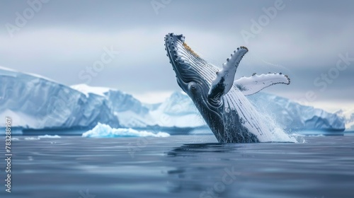 A humpback whale, a massive marine mammal, leaps out of the water in Antarctica. The powerful creature displays its agility and grace as it breaches the surface. © Goinyk
