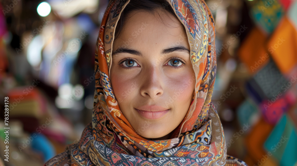 Young woman in a colorful headscarf.