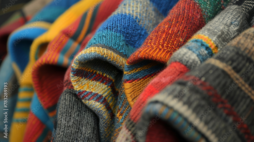 A selection of colorful woven scarves.