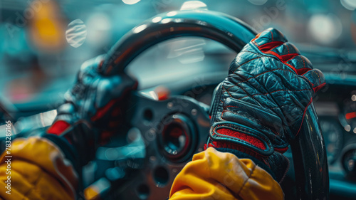Hands in racing gloves on a steering wheel. photo