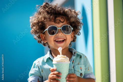 Happy Child with Ice Cream on Sunny Day