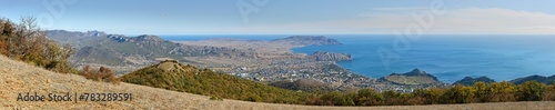 Panorama of Sudak valley from Perchem Mountain, Crimea, Russia.