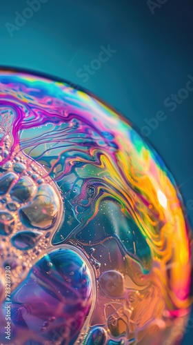 A detailed macro shot of a soap bubble reflecting a rainbow on its surface