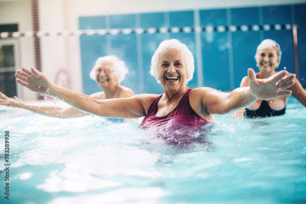 generated illustration of senior retired women enjoying aqua gym class in a pool, healthy lifestyle.