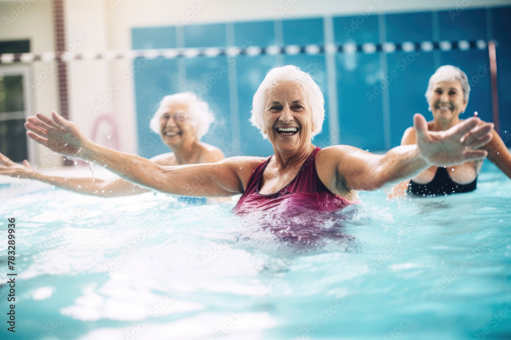 Fototapeta premium generated illustration of senior retired women enjoying aqua gym class in a pool, healthy lifestyle.
