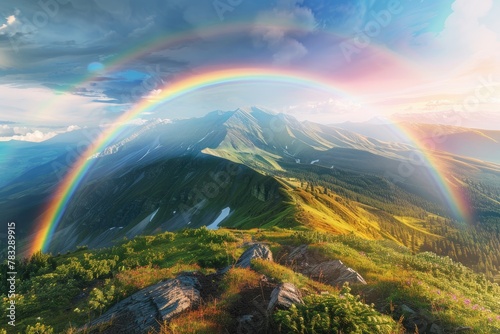 A panoramic view of a mountain range capped with a perfect rainbow © AI Farm