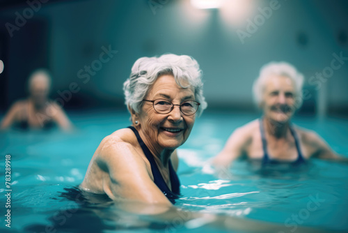 generated illustration of senior retired women enjoying aqua gym class in a pool, healthy lifestyle. © seanzheng
