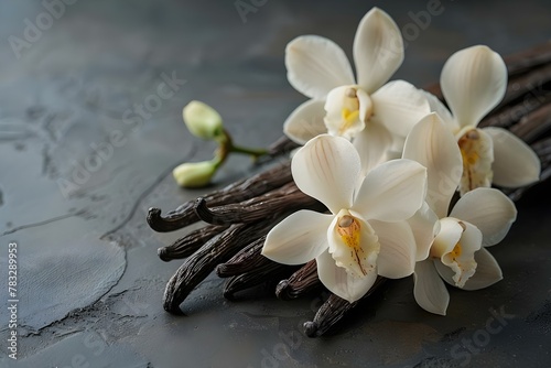 Essence of Elegance: Vanilla Orchids and Beans. Concept Vanilla Orchids, Vanilla Beans, Elegance, Aromatic Flora photo