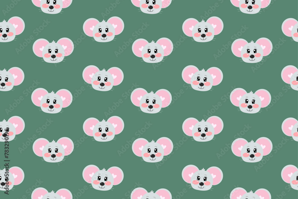 Seamless pattern with vector kawaii little cute mouse face or head for kids, baby, children nursery, fabrics