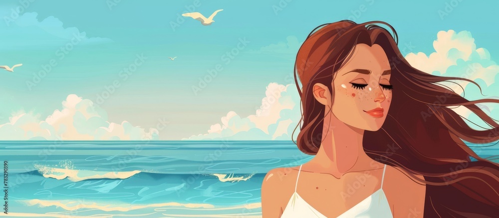 Woman long hair standing beach looks out vast ocean waves peaceful serene horizon