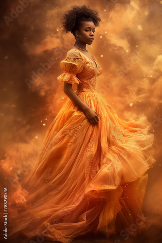 Pretty young black woman in a orange fantasy dress. Hair pulled up. Retro vintage historical romance fairy tale style ball dress. African american female collection. Black teen girl. misty orange glow