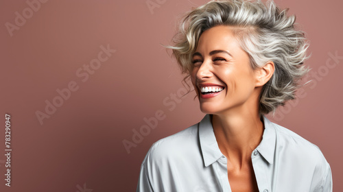generated illustration of beautiful gorgeous elderly woman 50s age senior model short grey hair