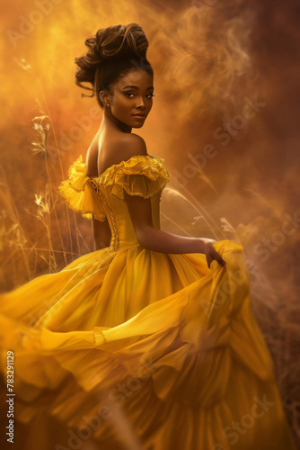 Wallpaper Mural Pretty young black woman in a yellow fantasy dress. Hair pulled up. Retro vintage historical romance fairy tale style ball dress. African american female collection. Black teen girl. yellow filed Torontodigital.ca
