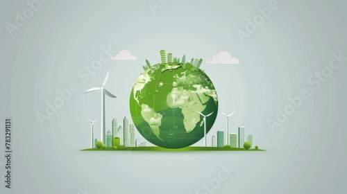 Fototapeta Naklejka Na Ścianę i Meble -  Green environment, green earth with windmills and city buildings, world  earth day and sustainable development banner