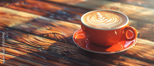 Vibrant 3D vector art of a cup of cappuccino, artistic leaf design in foam, rustic wooden table, photo
