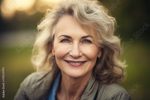 generated illustration of beautiful woman 50s age senior model grey hair with cofident