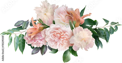 Fototapeta Naklejka Na Ścianę i Meble -  Pink roses, peony and lily isolated on a transparent background. Png file.  Floral arrangement, bouquet of garden flowers. Can be used for invitations, greeting, wedding card.