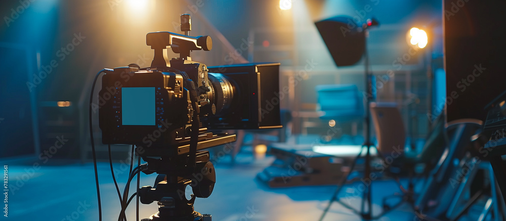 Fototapeta premium professional Camera film set on the tripod in the modern studio production background