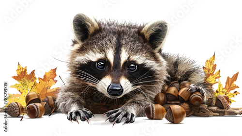 a raccoon laying on top of a pile of acorns