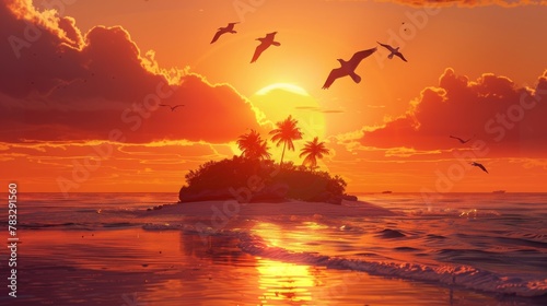 Sunset Island. Flock of birds soaring gracefully through the sky above the vast ocean, illuminated by the warm hues of the setting sun.