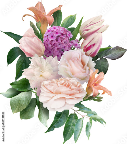 Pink roses, peony, lily and tulip isolated on a transparent background. Png file.  Floral arrangement, bouquet of garden flowers. Can be used for invitations, greeting, wedding card.