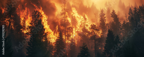 wildfire raging through a forest, with towering flames and billowing smoke.