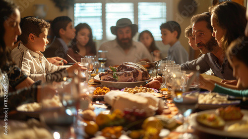 Passover Seder meal, with families gathered around the table reciting prayers, singing traditional songs, and partaking in symbolic foods. photo