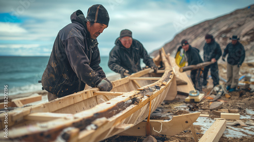 Construction of an Inuit qamutiik sled with skilled craftsmen shaping wood and lashing together sled components photo
