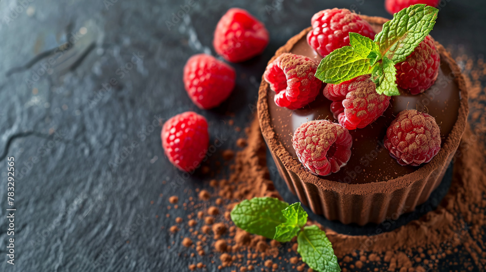 Chocolate dessert on a dark backdrop with raspberries Chocolate dessert on a dark backdrop with raspberries